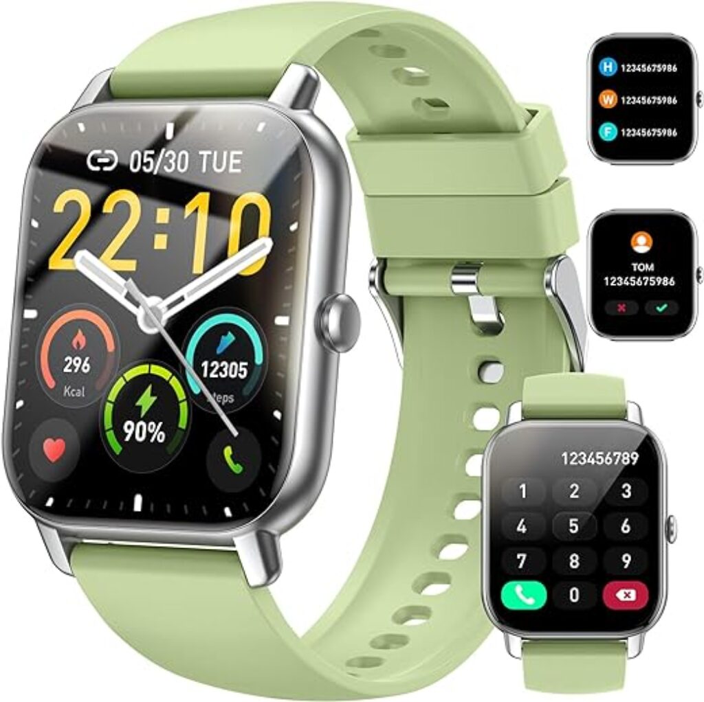 Smart Watch(Answer/Make Call), 1.85" Smartwatch for Women IP68 Waterproof, 100+ Sport Modes, Fitness Activity Tracker, Heart Rate Sleep Monitor, Pedometer, Smart Watches for Android iOS, Green Silver