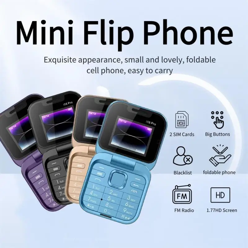 I16Pro Small Foldable Mobile Phone Auto Call Record Speed Dial FM Radio Mini Flip Telephones 2 Card GSM Unlocked Cellphone