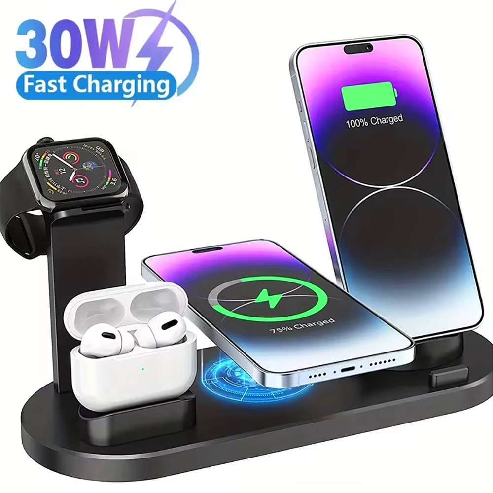 30W Fast Wireless Charger Stand 7 in 1 Foldable Charging Station For iPhone 16 15 14 13 12 11 Apple Watch 9 8 7 6 5 Airpods Pro