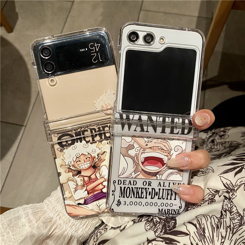 Anime Korean Style One Piece Nika Luffy Wanted For Samsung Galaxy Z Flip Fold 3 4 5 Cover Phone Case Toy Gift