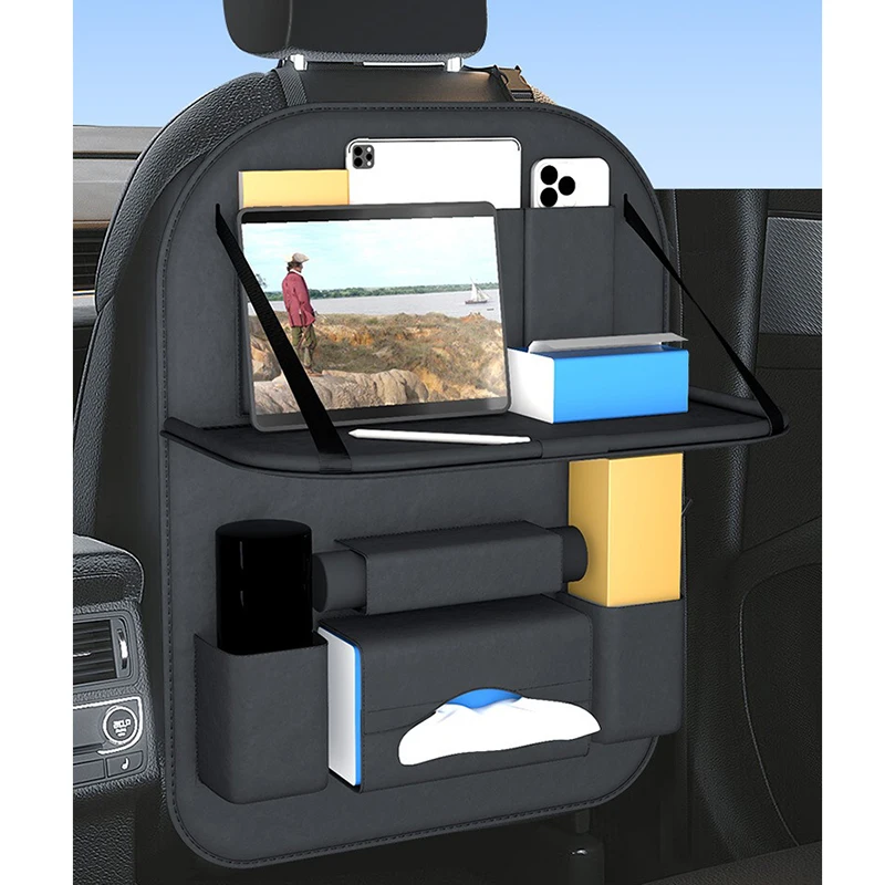 Car Backseat Organizer With Tablet Holder Leather Auto Seat Back Storage Organizer with Foldable Food Tray Tissue Phone Pocket